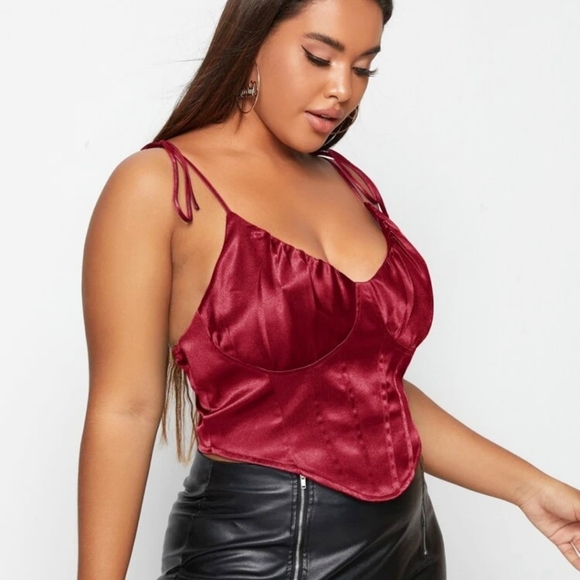 Moon Goddess Boutique Tops - PLUS | Tie Shoulder O-ring Zip Back Satin Cami Top